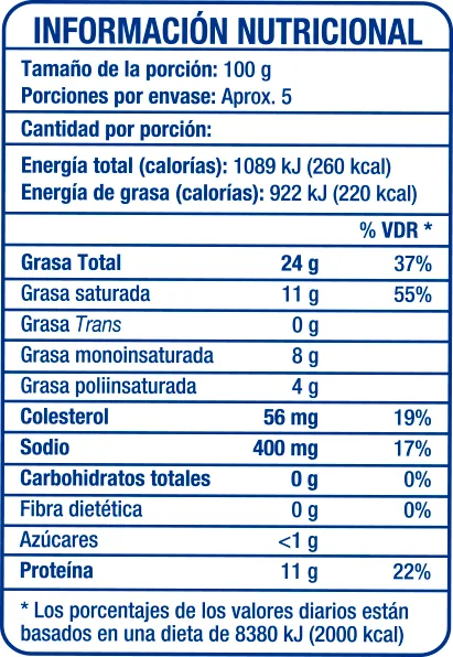 Camarones al Ajillo 1lb - información nutricional