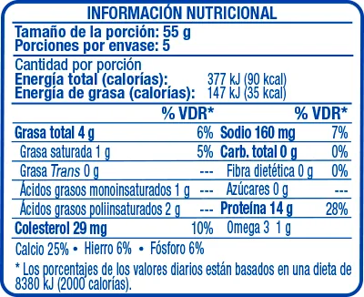 Sardinas en Aceite de Girasol Oval 425g - información nutricional