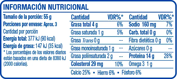 Sardinas en Aceite de Girasol Oval 225g - información nutricional